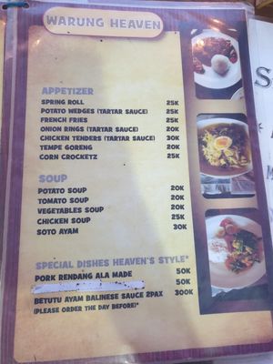 Menu at Warung Heaven in Banjar