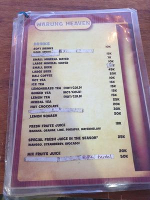 Menu at Warung Heaven in Banjar