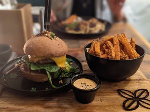 Vegan Beyond Burger with sweet potato fries at Organila Food & Drinks in Piestany