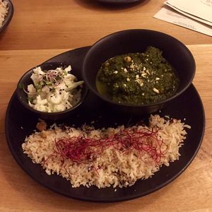 Spinach with chickpea and cream, Chinese cabbage salad, basmati rice with coconut milk, cashews and sprouts ❤️😋 at Organila Food & Drinks in Piestany