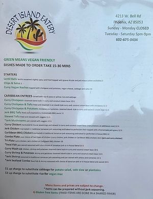 Menu with vegan options in green at Desert Island Eatery in Phoenix