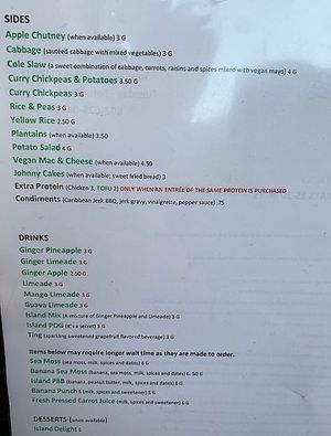 Menu with vegan options in green at Desert Island Eatery in Phoenix