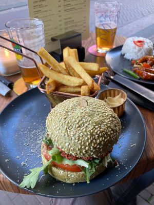 Truffle supreme burger with truffle cheese, truffle sauce, walnuts, with fries and mayonnaise.   at New Vegas in Haarlem