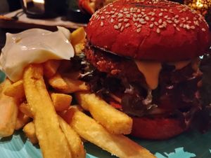 Burger & fries. Plenty of mayo. Unbelievably meaty burger - hard to believe it's homemade! at New Vegas in Haarlem
