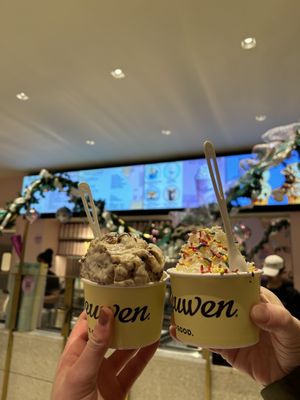 Left: banana bread with walnut and chocolate churro (two scoops, one of each). Right: hot fudge sundae with whipped cream, hot fudge, and rainbow sprinkles     at Van Leeuwen Ice Cream - Rock Center in New York City