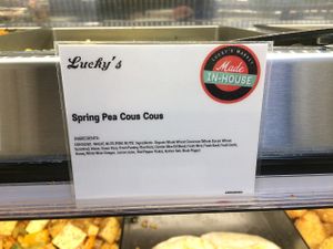 Spring Pea Cous Cous is nearly vegan but contains honey. at Lucky's Market in Fort Collins
