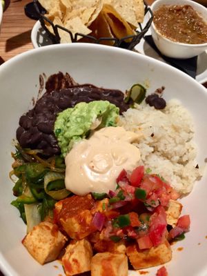 Fajita bowl with tofu—apparently their most popular dish at Tocaya Modern Mexican - Fashion Square in Scottsdale