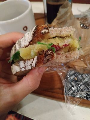 Delicious sandwich, sweet potato and cilantro I think at Monsoon Donuts in Maebashi