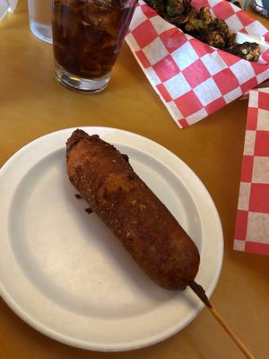 VEGAN corndog and Brussels sprouts  at Sputnik in Denver