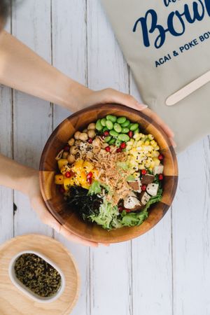 Slim bowl (VEGAN)
mix salad, 5 spice tofu, chickpea, edamame, corn, mango, dried seaweed, pomegranate. (vegan orange dressing)  at Hosay Bowl in Phuket