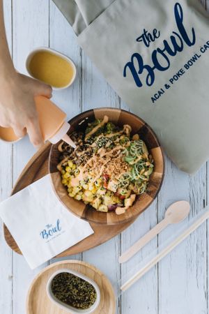 BUDDHA BOWL !
(Brown rice, meaty mushroom, corn, guacamole, pineapple salsa, spring onion, sesame seed, vegan sriracha mayo) at Hosay Bowl in Phuket
