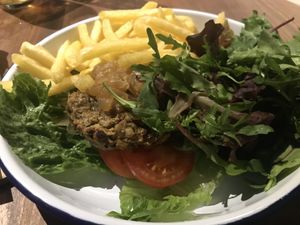 Vegan burger with salad  at Stroud Brewery Bar in Stroud
