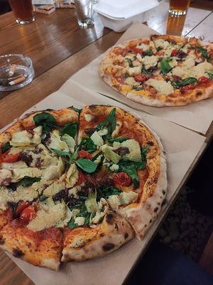 Veggie pizza with cashew cheese at Stroud Brewery Bar in Stroud