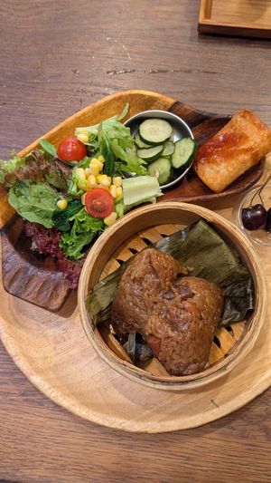 Daikonmochi on the side was crispy and satisfying at Tsumugu Cafe in Tokyo