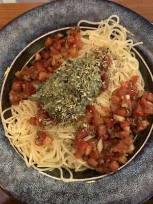 Cold noodle dish with tasty pesto  at This World is a Playground - 이 세계는 놀이터예요 in Seoul