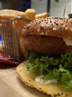 Crispy Chick’n Sandwich with fries at Vegan Avenue in San Antonio