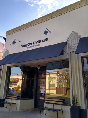 Front of the restaurant- note the design atop the columns at Vegan Avenue in San Antonio