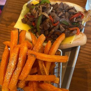 Philly cheesesteak Sammy and sweet potato fries for my aunt and she loved it!  at Vegan Avenue in San Antonio