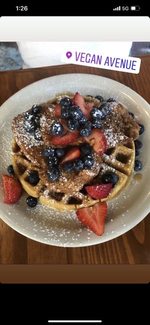 Chicken and waffles- good but pricey!   at Vegan Avenue in San Antonio
