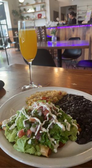 Sweet Potato Flautas with a Mango Mimosa  at Vegan Avenue in San Antonio