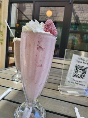 Strawberry Shake with oatmilk and coconut ice cream I believe. at Vegan Avenue in San Antonio