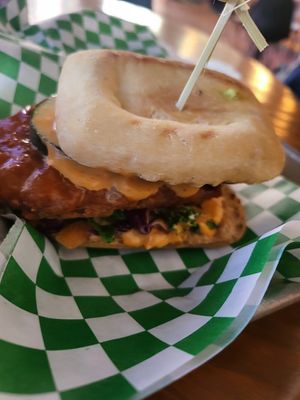 Buffalo chicken sandwich at Vegan Avenue in San Antonio