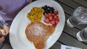 Kids pancakes with tofu scrambled eggs and fruit ☺️ at Vegan Avenue in San Antonio