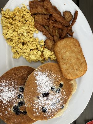 Vegan slam with blueberry pancakes and tempeh bacon  at Vegan Avenue in San Antonio