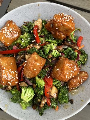 Orange chicken bowl   at Vegan Avenue in San Antonio