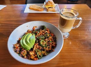 Mexican Breakfast Hash Bowl with a Caramel Macchiato at Vegan Avenue in San Antonio