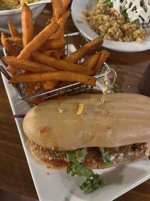 Chikn parm hero with sweet potato fries  at Vegan Avenue in San Antonio