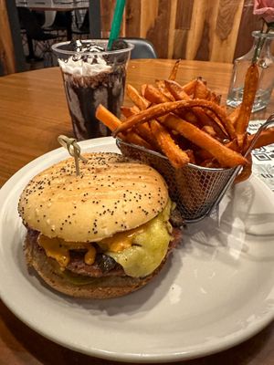 Cheezy mushroom burger, fries and milkshake. The burger was excellent!  at Vegan Avenue in San Antonio