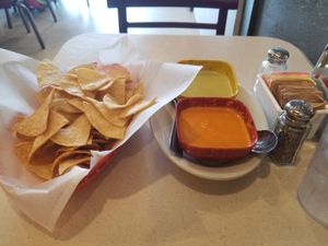 Chips and dips, jalapeno dip and onion dip at Vegan Avenue in San Antonio