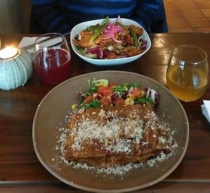 Lasagne with side salad (front) and Oumph, mango and sundried tomato pastasalad (back) at Vegano's in Uppsala