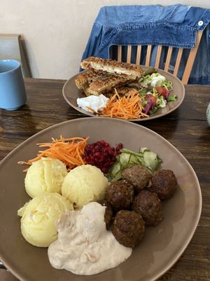 Vegan köttkullar and grilled sandwich  at Vegano's in Uppsala