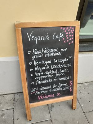 Signage at Vegano's in Uppsala