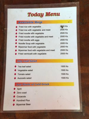 Menu at Ya Ti Organic Food & Garden in Mandalay