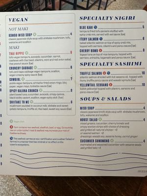 Happy Hour Menu 2-6PM. On Tuesdays vegan sushi is 50% off  at Blue Sushi Sake Grill in Des Moines