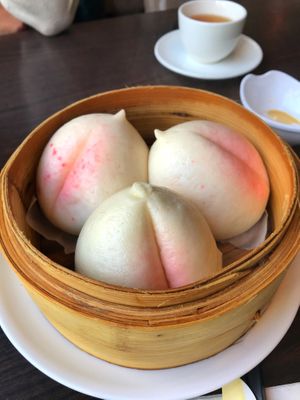 Longevity peach bun, sweet lotus seed paste filling - vegan at Full Moon Garden in Amsterdam