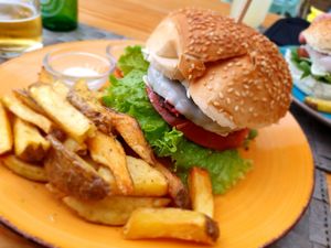 Umami-Burger with fries. I'm not a fotograph so I can't show you the really good taste. at Mundo Vegan - Vegan World in Funchal
