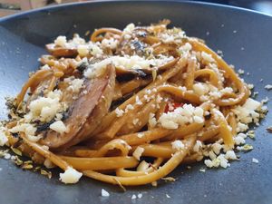 Tagliatelle Cabonara with mushrooms at Mundo Vegan - Vegan World in Funchal