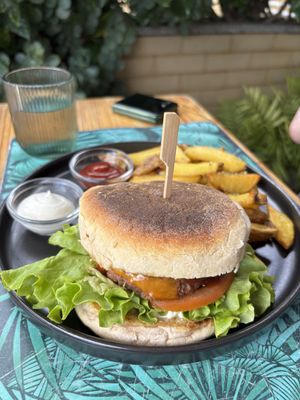 Beyond burger on traditional Madeiran bread. My husband enjoyed.  at Mundo Vegan - Vegan World in Funchal