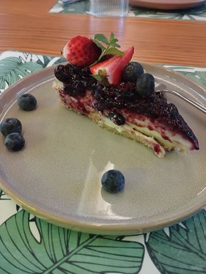 Red fruit cheesecake. at Mundo Vegan - Vegan World in Funchal