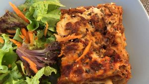 Daily lunch - vegan lasagna with lettuce. at Mundo Vegan - Vegan World in Funchal