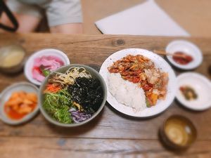Veggie Bibimbob and Tomato Bean Bulgogi over rice at Yaein Tea House - 예인찻집 in Busan