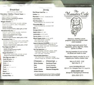 Manatee Cafe Menu at The Manatee Cafe in St Augustine