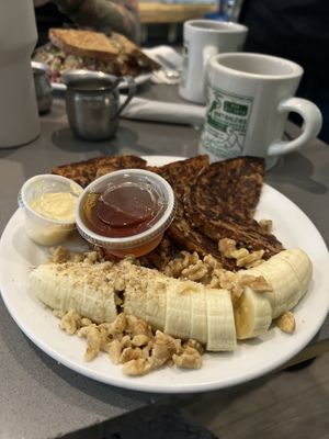 French toast with syrup, vegan butter, walnuts and bananas   at The Manatee Cafe in St Augustine