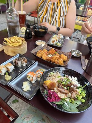 Fried Cauliflower, bibimbap and sushi rolls  at Miss Miu - Europaallee in Zurich