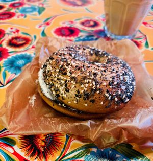 Cream cheese on everything bagel  at Deig Bakery in Reykjavik