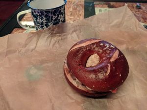 Pretzel Bagel with hummus and veggie at Deig Bakery in Reykjavik